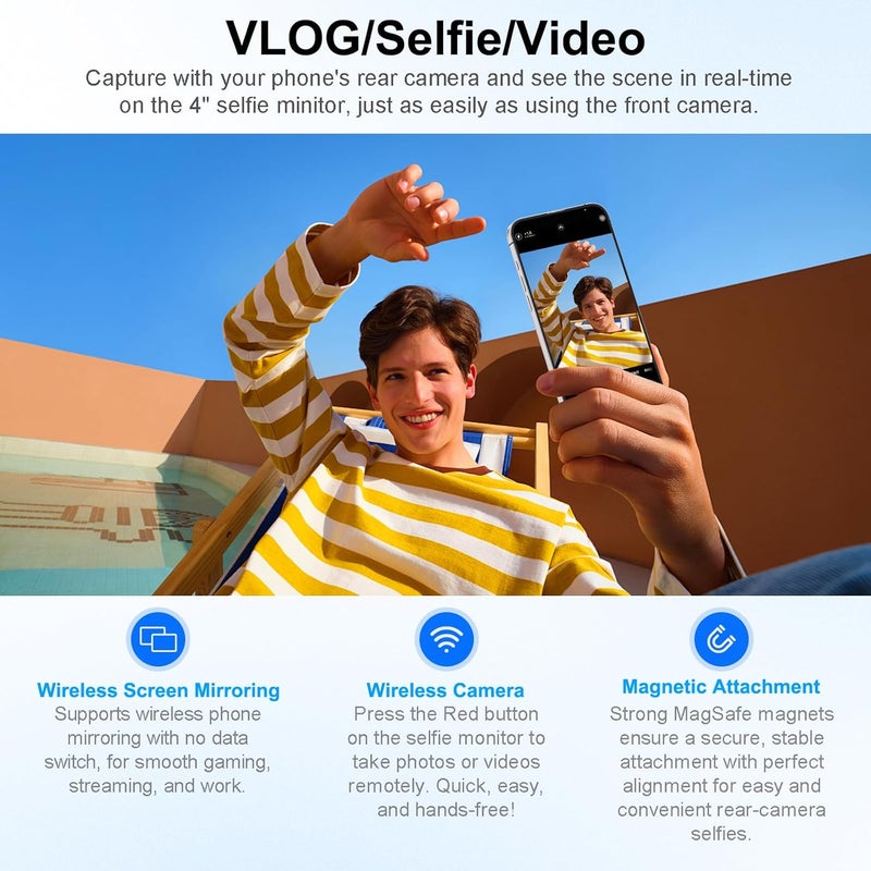 XBONFIRE 4" Magnetic Phone Vlog Selfie Monitor Screen, 1080P Wireless Mirroring, Phone Selfie Monitor Screen Back Camera Monitor for Selfie Vlog Content Creator Live Stream,Snaplylens for iPhone, Android - Image 2